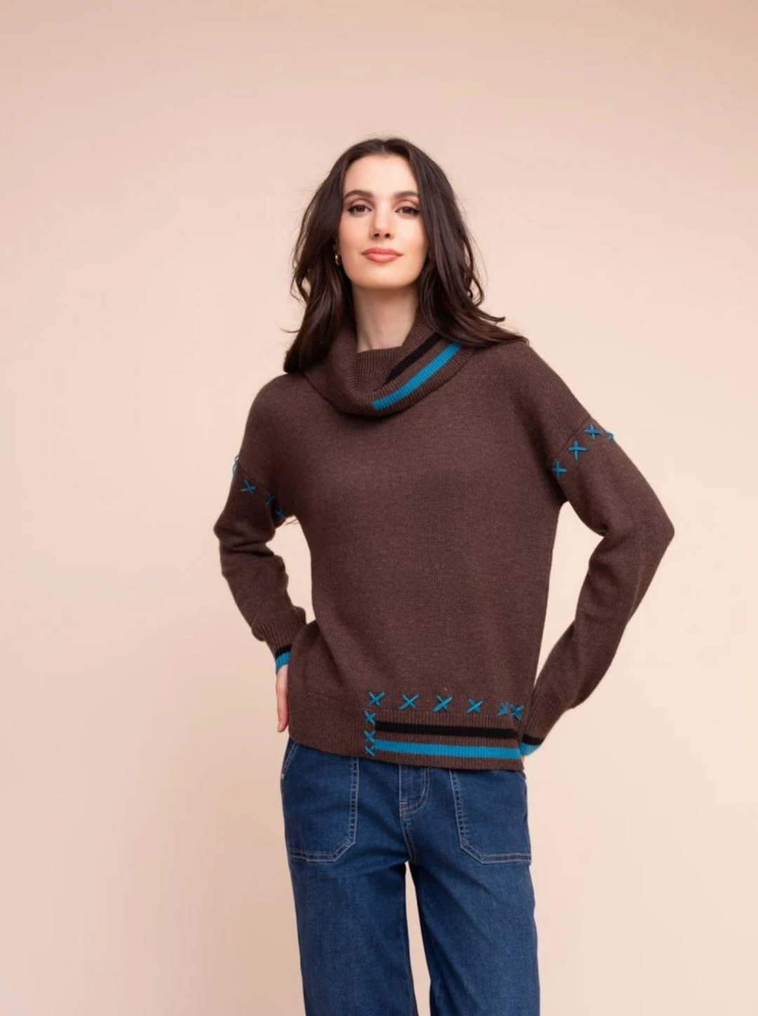 Pop of Teal Cowl Sweater by Alison Sheri, front view