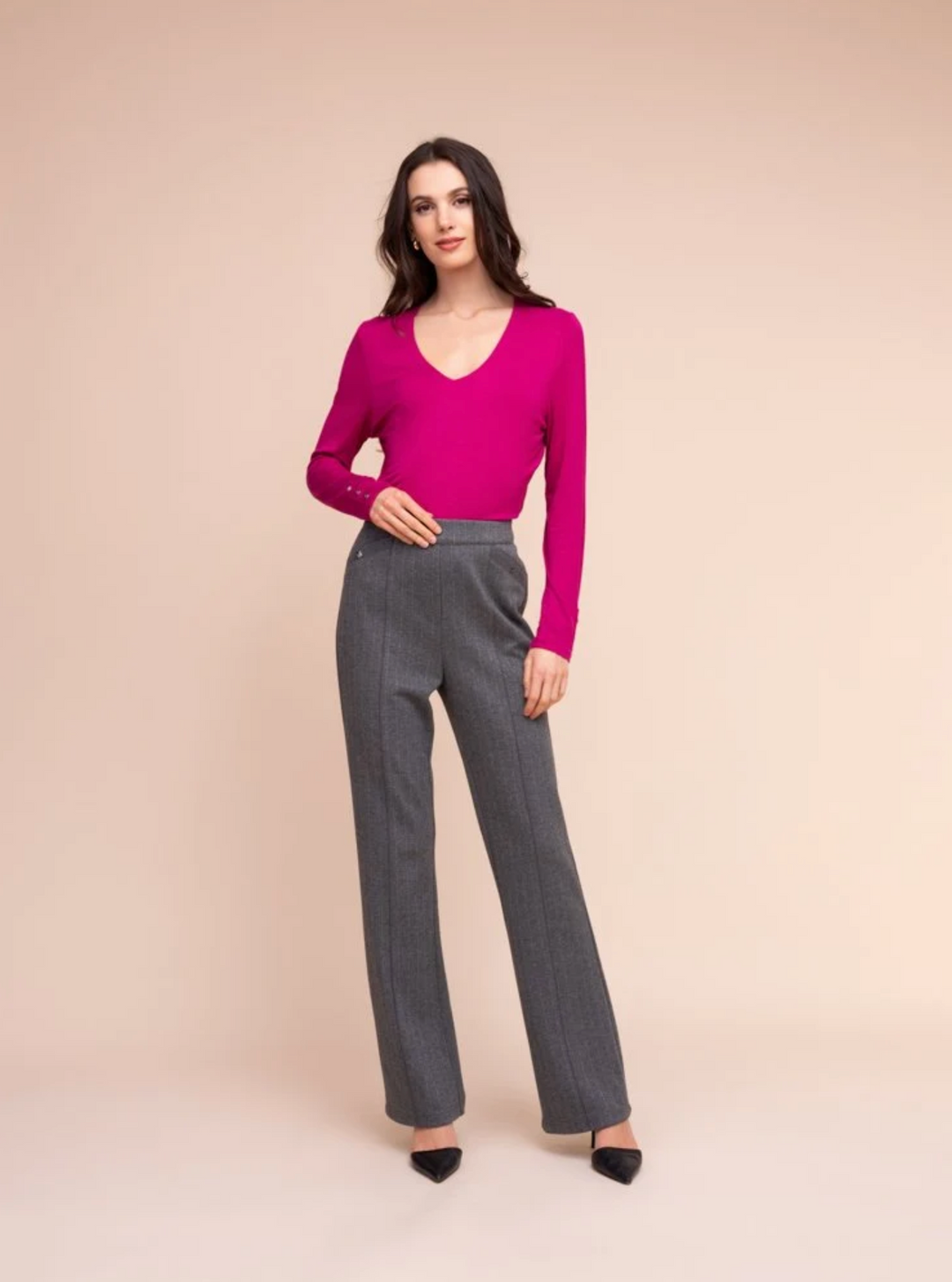 Stripe Wide-Leg Pull-On Pants in grey by Alison Sheri, front view