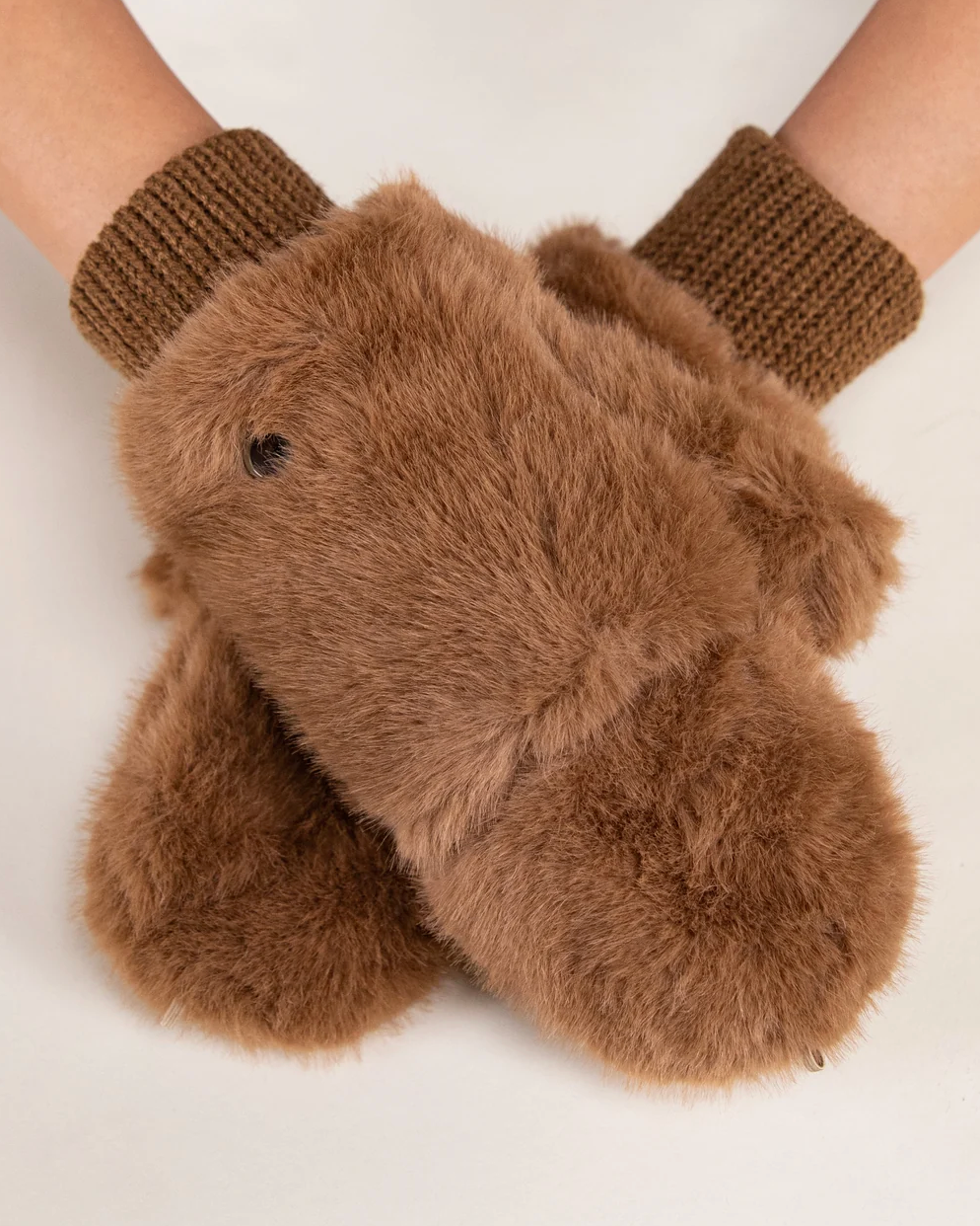 Plush Convertible Faux Fur Mittens in camel by Original, front view