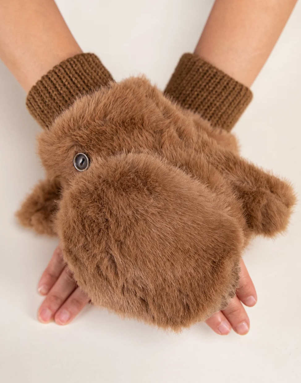 Plush Convertible Faux Fur Mittens in camel by Original, alternate view