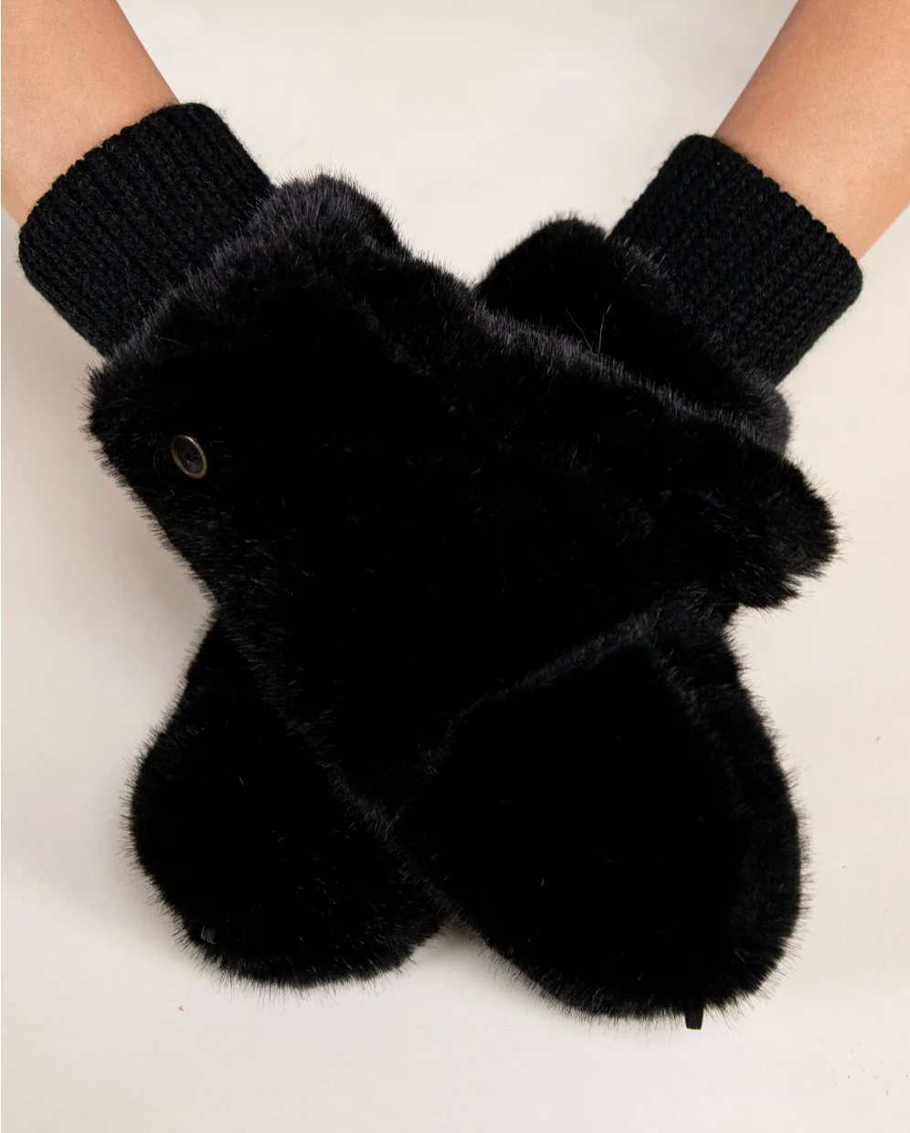 Plush Convertible Faux Fur Mittens in black by Original, front view