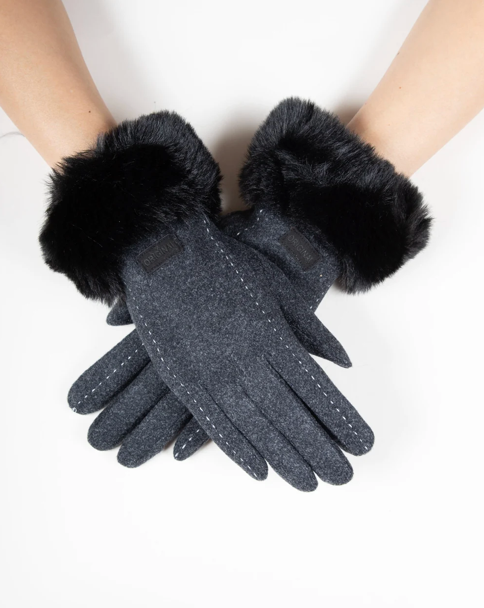 Snowy Stitch Detail Gloves in black by Original, front view