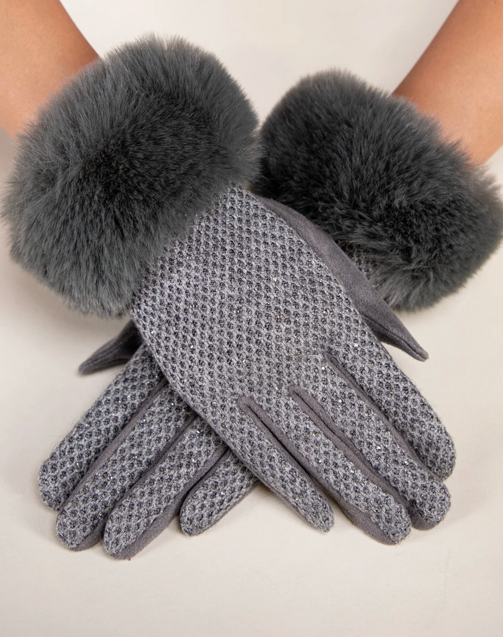 Winter Shimmer Faux Fur Gloves in gray by Original, front view