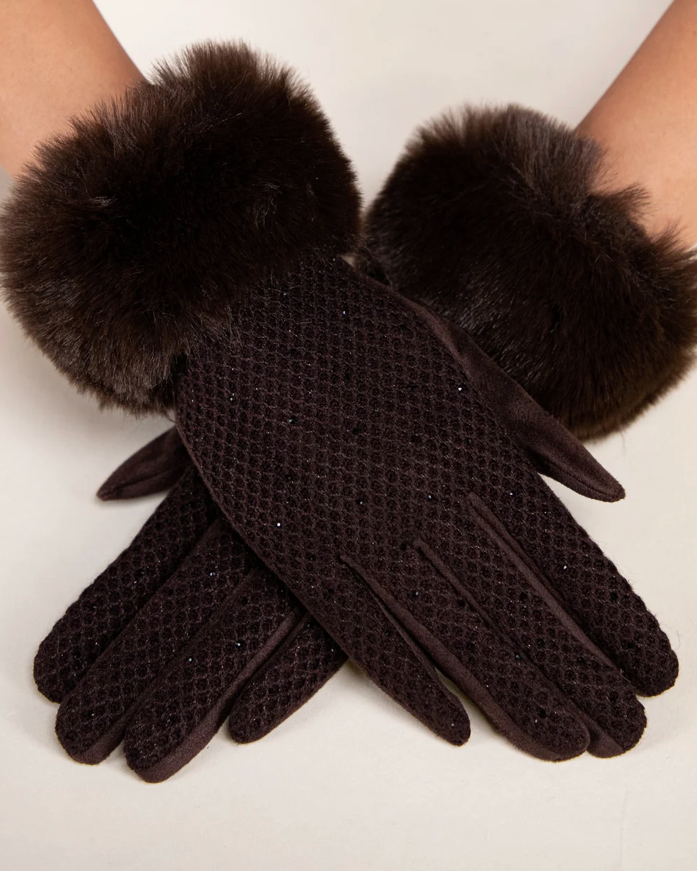 Winter Shimmer Faux Fur Gloves in brown by Original, front view