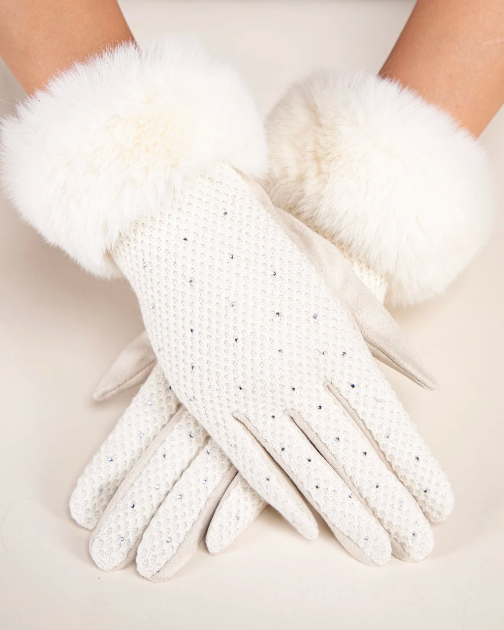 Winter Shimmer Faux Fur Gloves in white by Original, front view