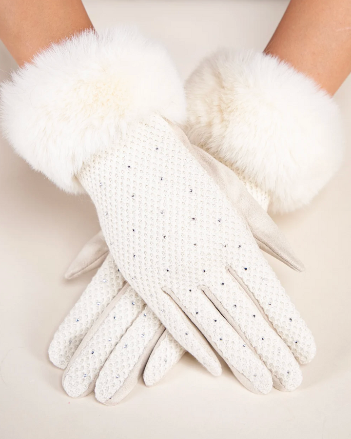 Winter Shimmer Faux Fur Gloves in white by Original, front view