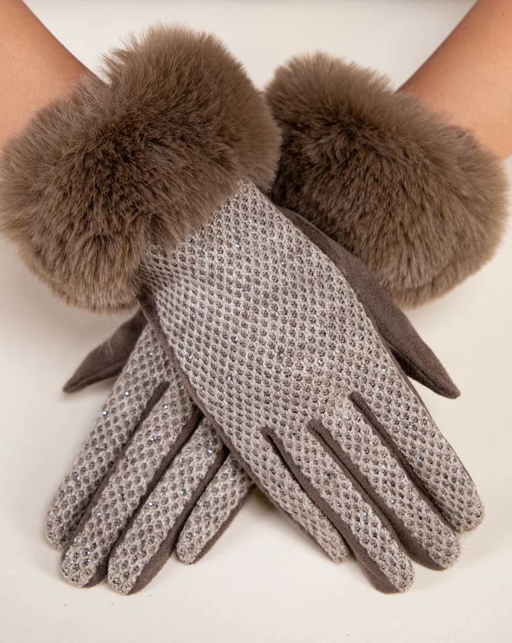 Winter Shimmer Faux Fur Gloves in taupe by Original, front view