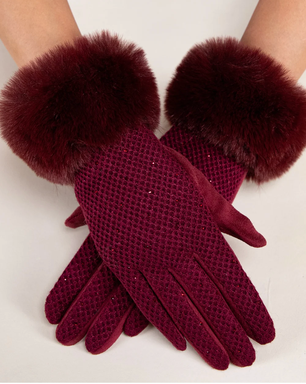 Winter Shimmer Faux Fur Gloves in burgundy by Original, front view