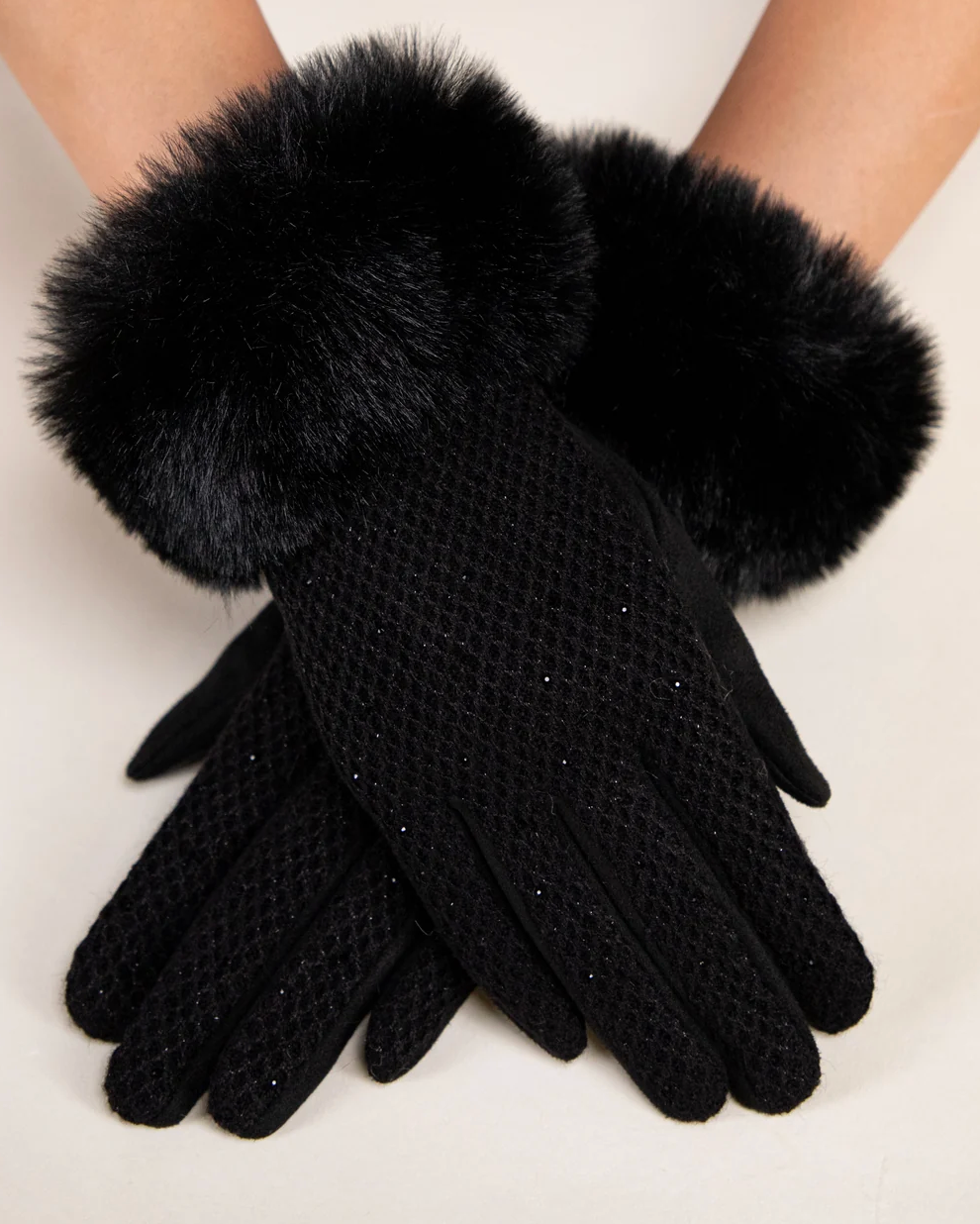Winter Shimmer Faux Fur Gloves in black by Original, front view