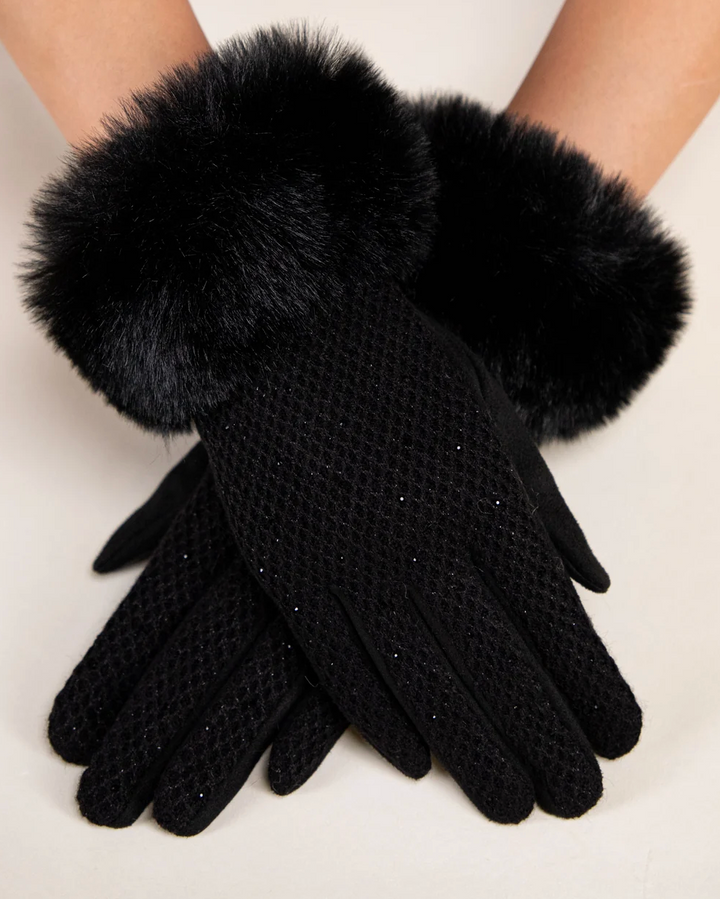 Winter Shimmer Faux Fur Gloves in black by Original, front view