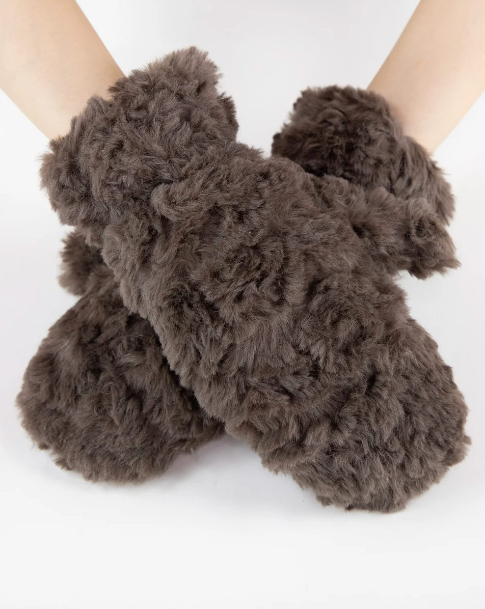 Minky Swirl Faux Fur Mittens in brown by Original, front view