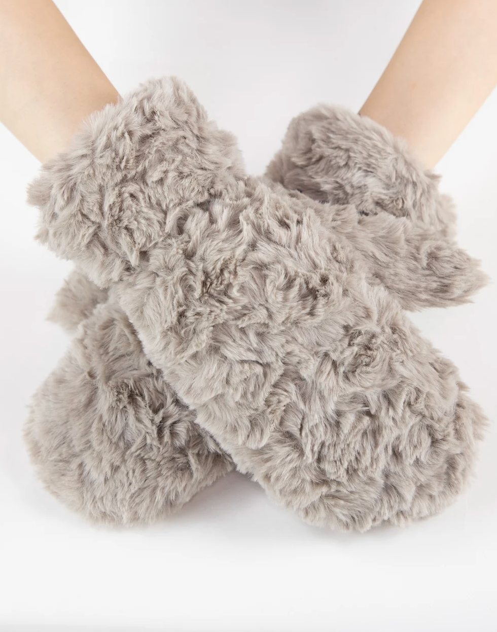Minky Swirl Faux Fur Mittens in khaki by Original, front view