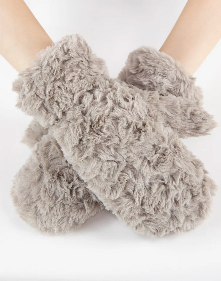 Minky Swirl Faux Fur Mittens in khaki by Original, front view