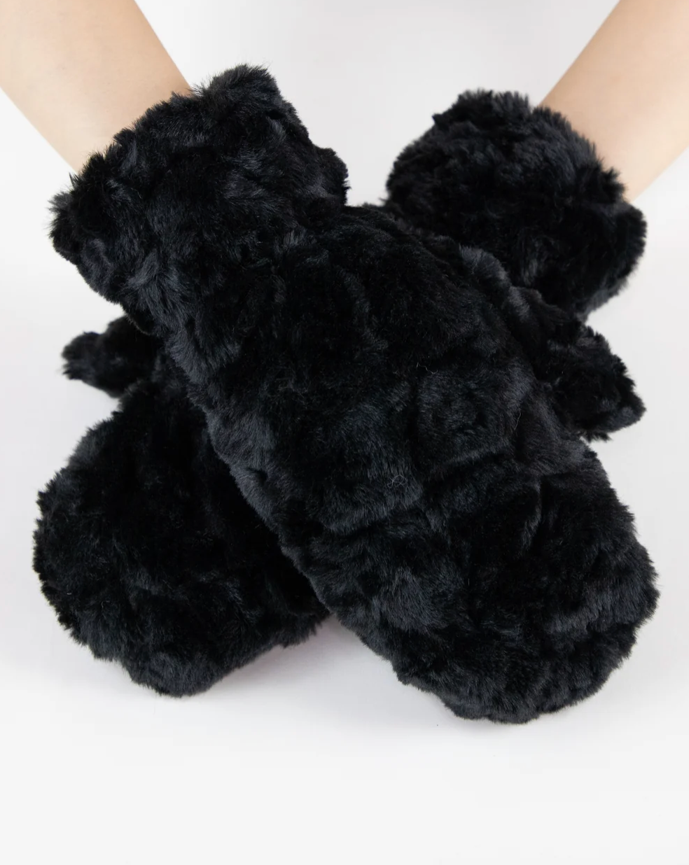 Minky Swirl Faux Fur Mittens in black by Original, front view