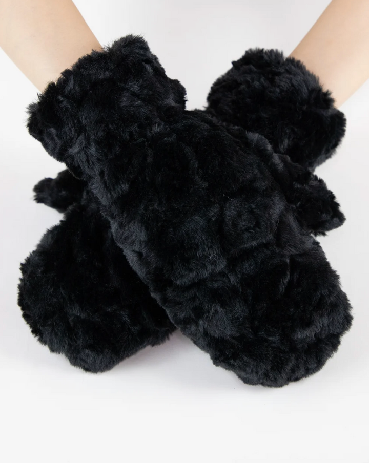 Minky Swirl Faux Fur Mittens in black by Original, front view