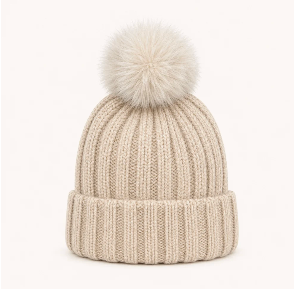 Frosty Pom Pom Hat in beige by Original, front view