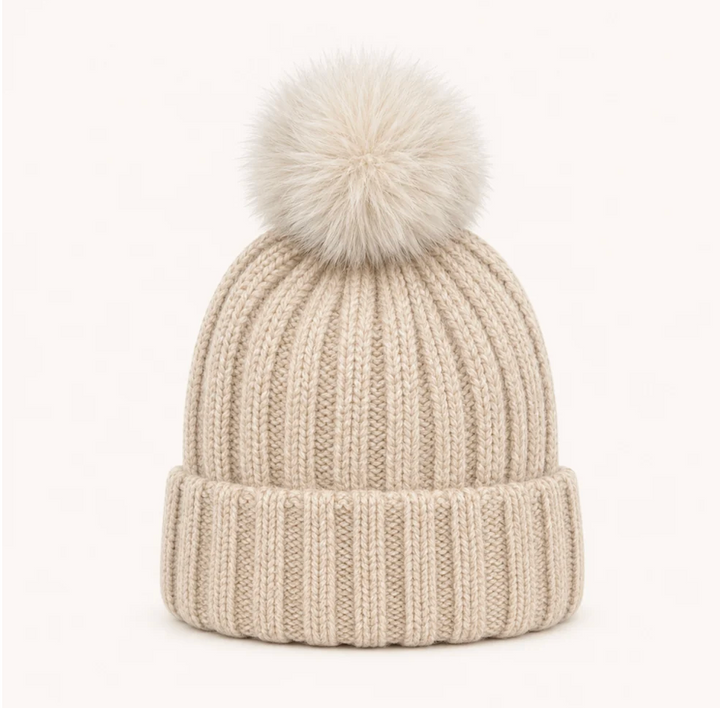 Frosty Pom Pom Hat in beige by Original, front view