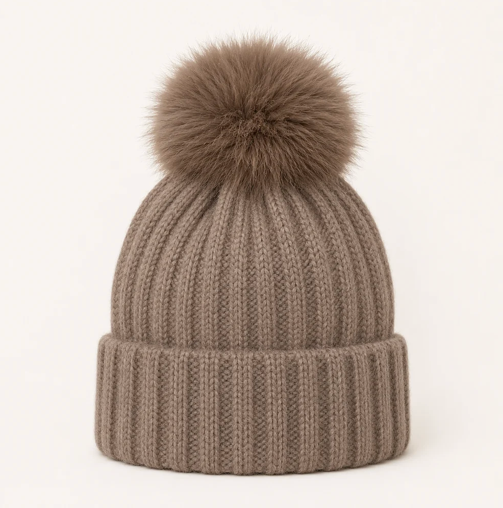 Frosty Pom Pom Hat in khaki by Original, front view