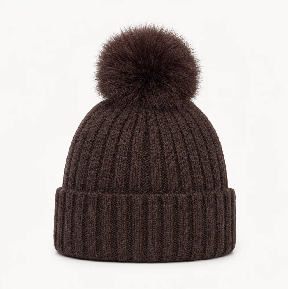 Frosty Pom Pom Hat in brown by Original, front view