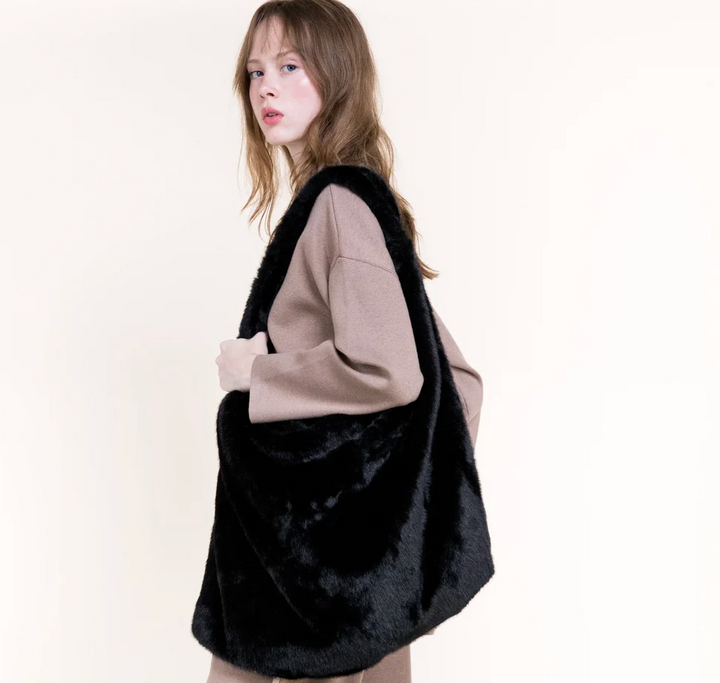 Teddy Faux Fur Tote in black by Original, front view