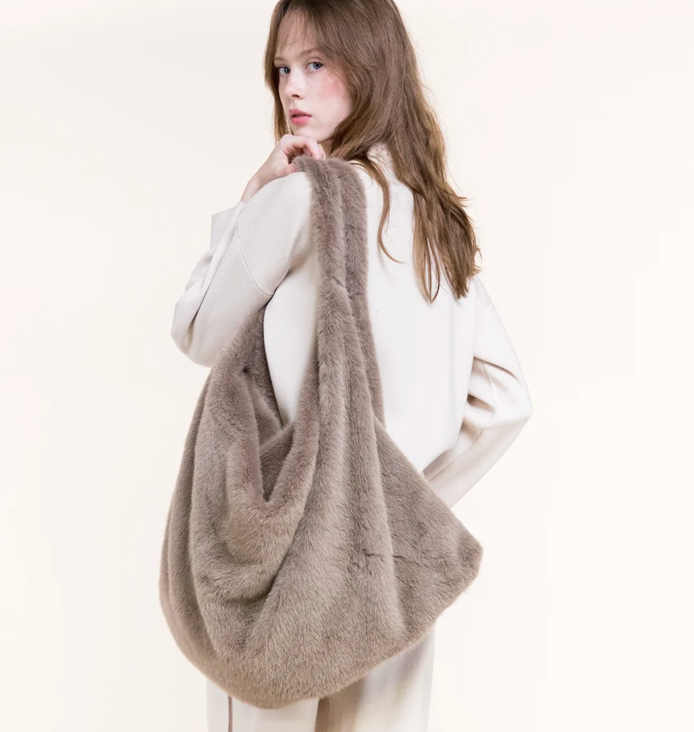 Teddy Faux Fur Tote in mocha by Original, front view