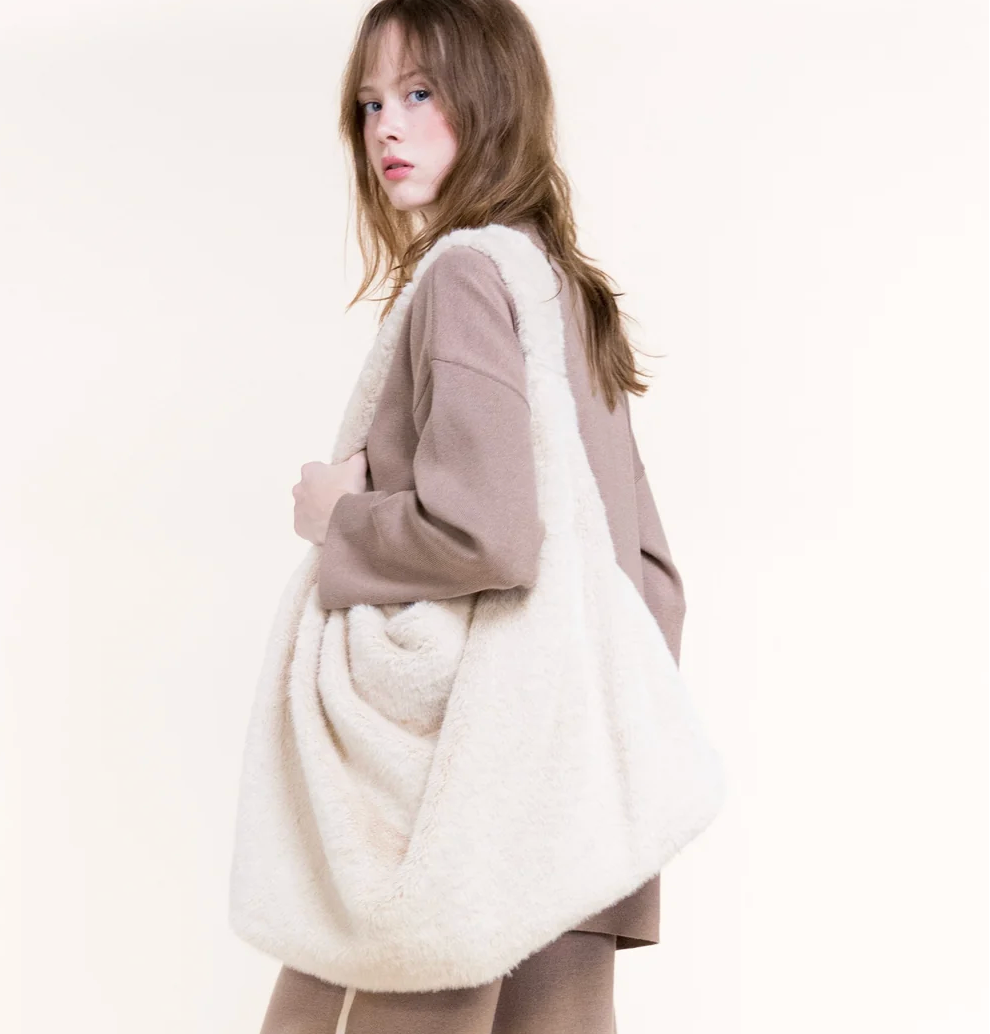 Teddy Faux Fur Tote in white by Original, front view