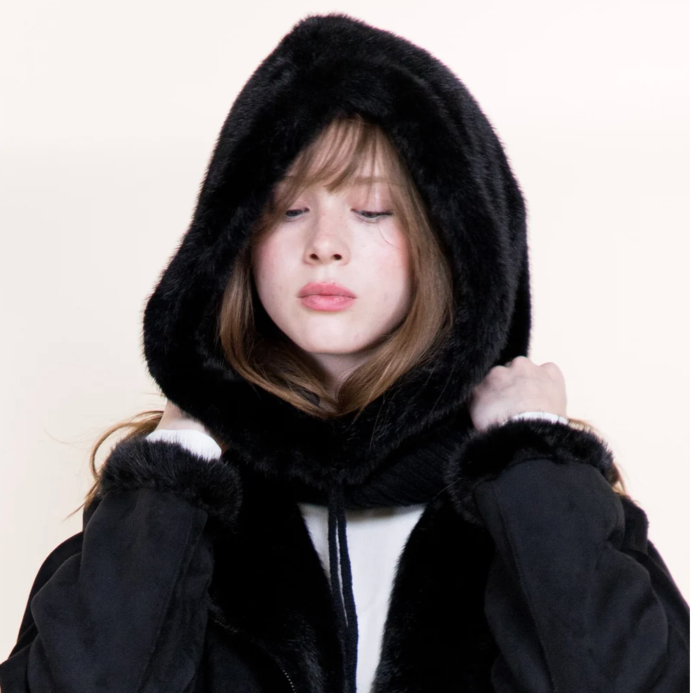 Belle Faux Fur Hood Scarf in black by Original, front view