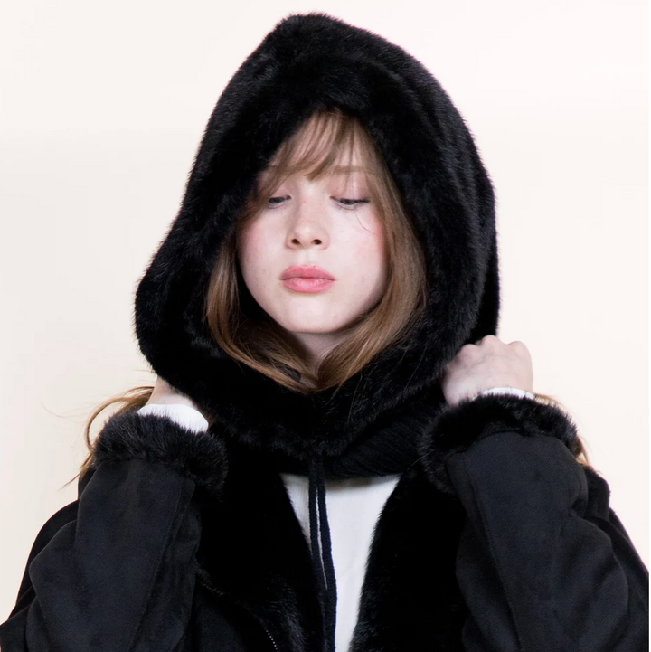 Belle Faux Fur Hood Scarf in black by Original, front view