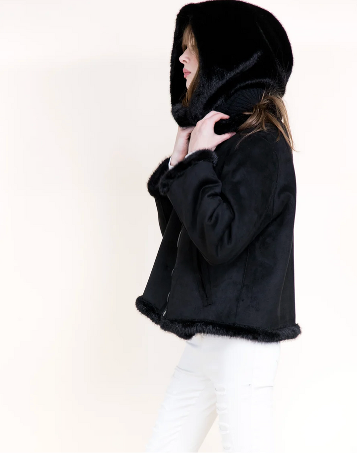 Belle Faux Fur Hood Scarf in black by Original, alternate view