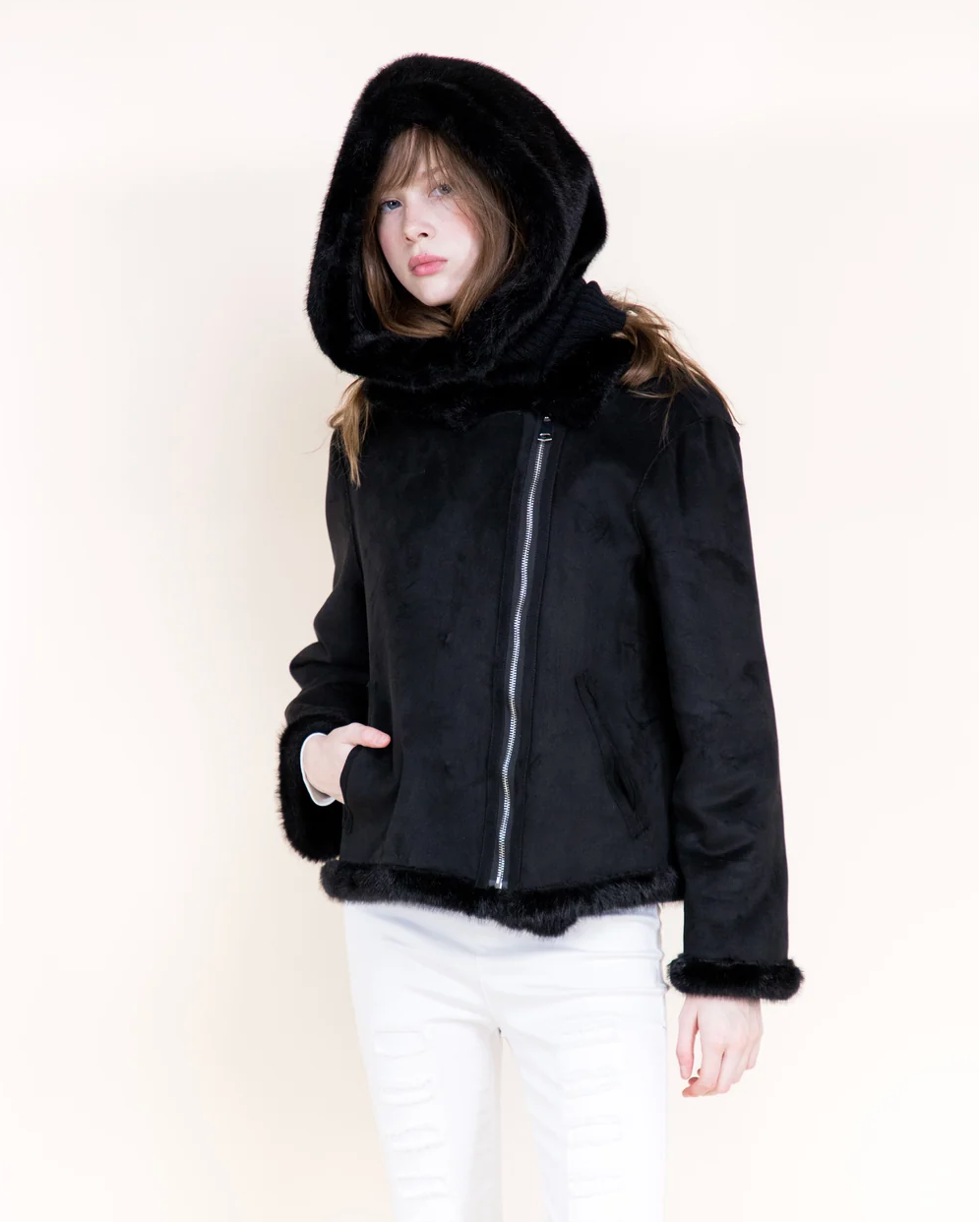 Belle Faux Fur Hood Scarf in black by Original, alternate view