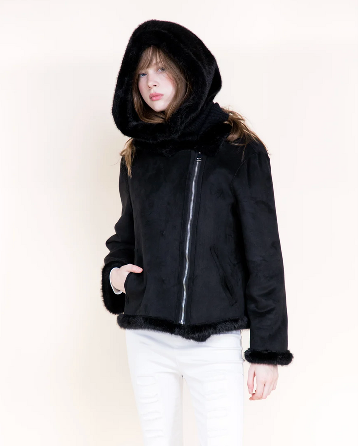 Belle Faux Fur Hood Scarf in black by Original, alternate view