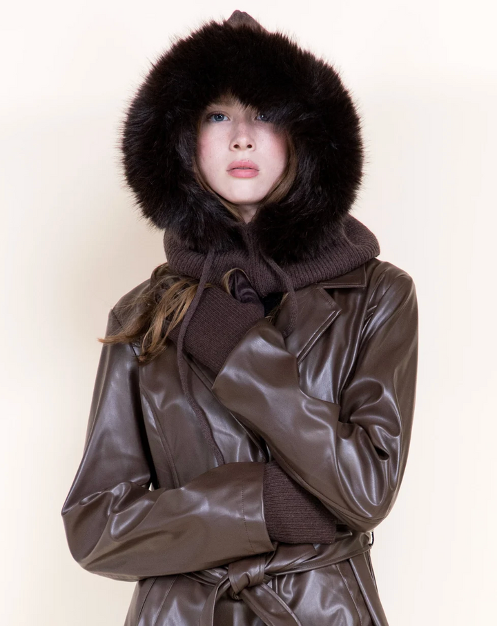 Faux Fur Trim Hood Scarf in brown by Original, front view