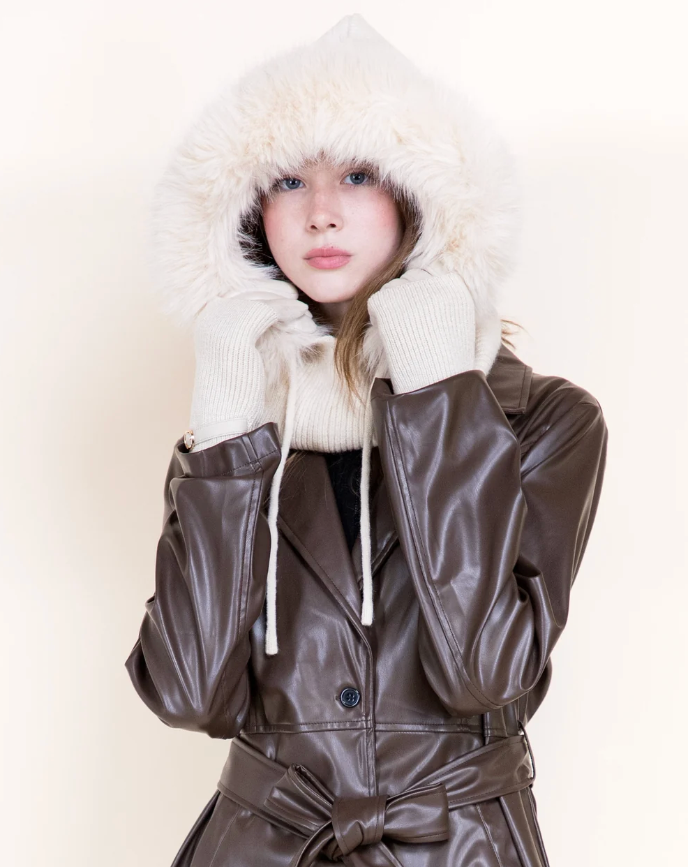Faux Fur Trim Hood Scarf in beige by Original, front view
