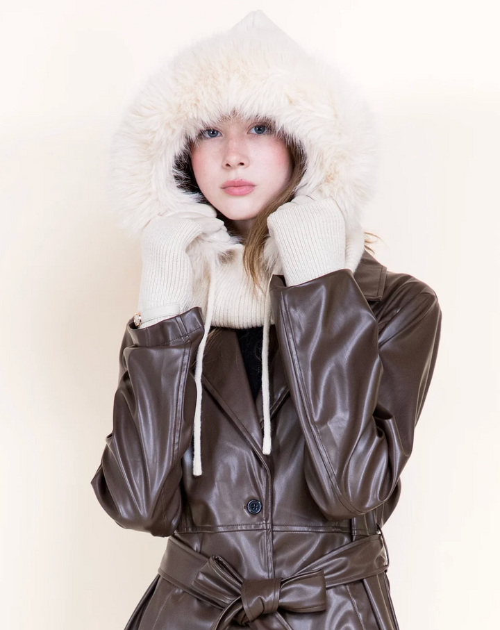 Faux Fur Trim Hood Scarf in beige by Original, front view
