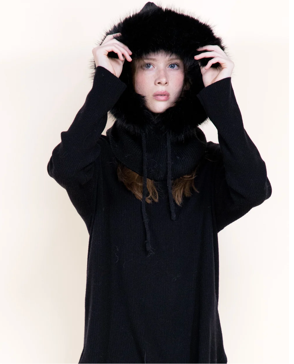 Faux Fur Trim Hood Scarf in black by Original, front view