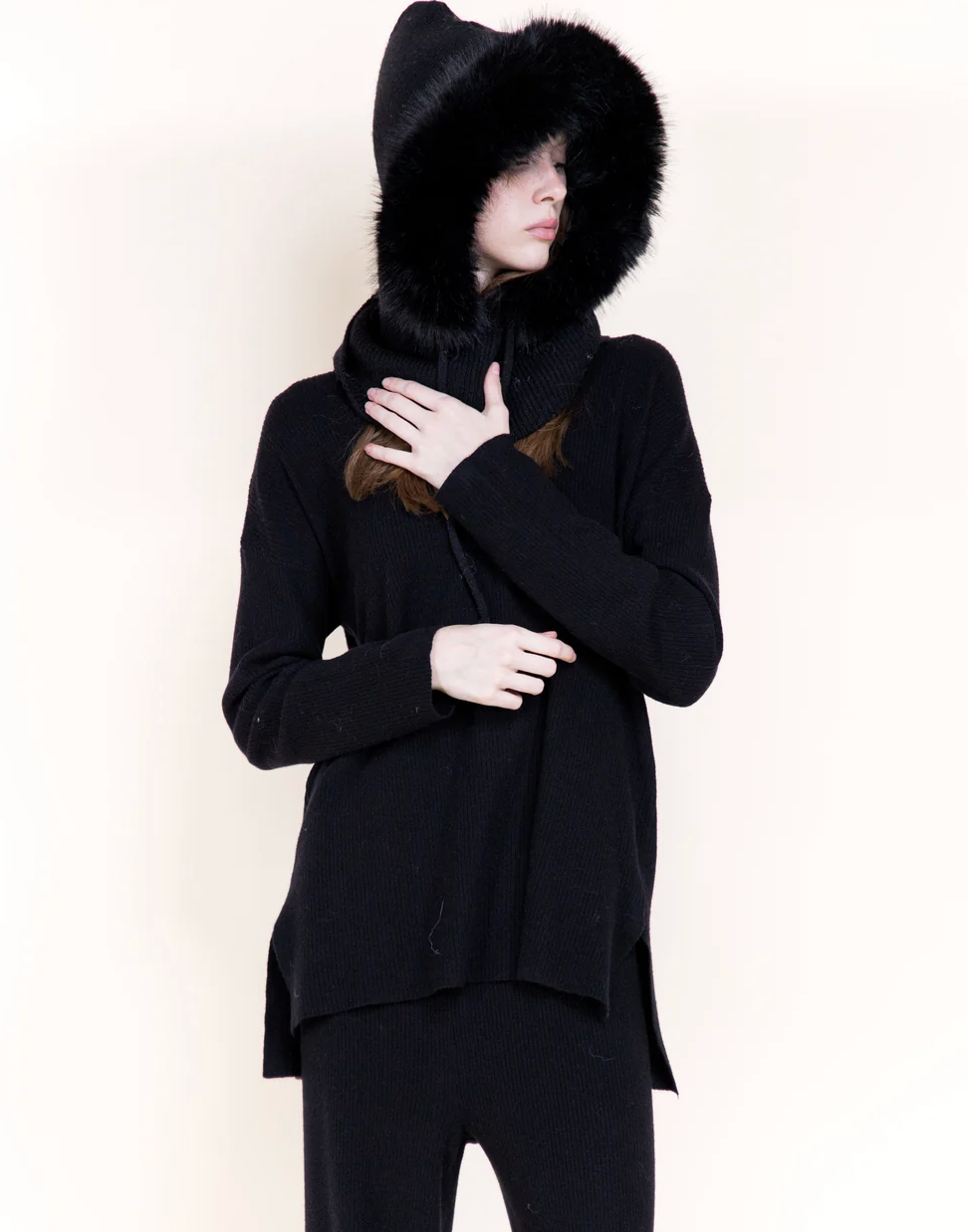 Faux Fur Trim Hood Scarf in black by Original, alternate view