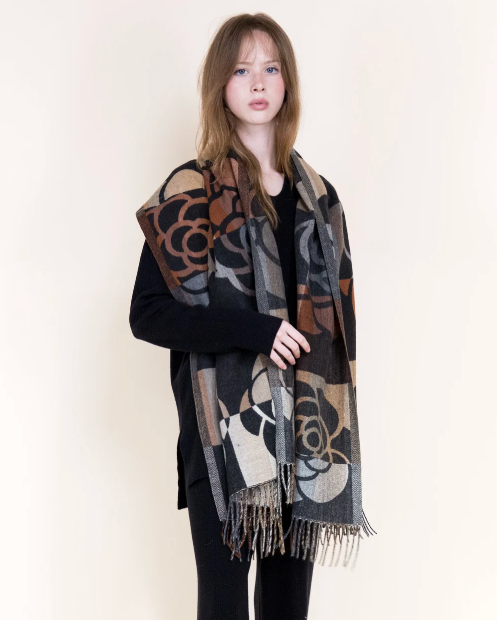 Primrose Colorblock Fringe Scarf in black by Original, front view