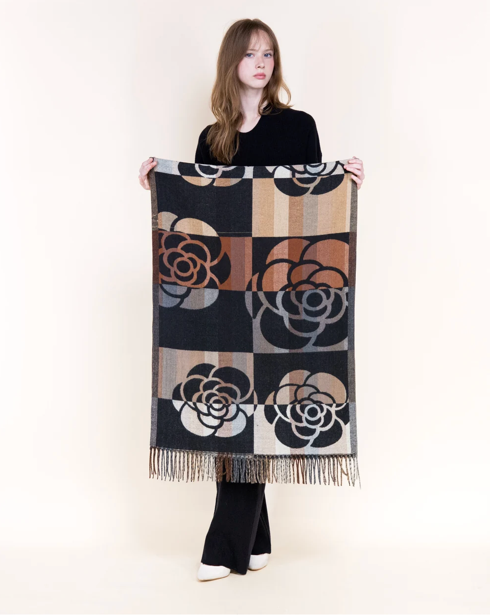 Primrose Colorblock Fringe Scarf in black by Original, alternate view