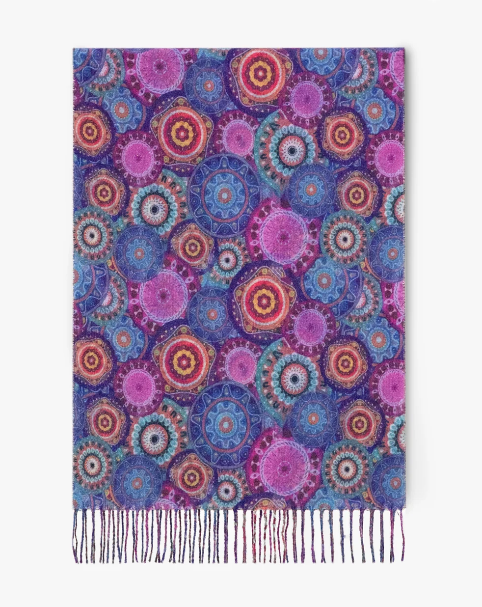 Medallion Bloom Fringe Scarf in blue and fuchsia by Original, front view