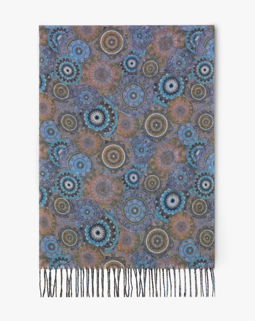 Medallion Bloom Fringe Scarf in olive and teal by Original, front view
