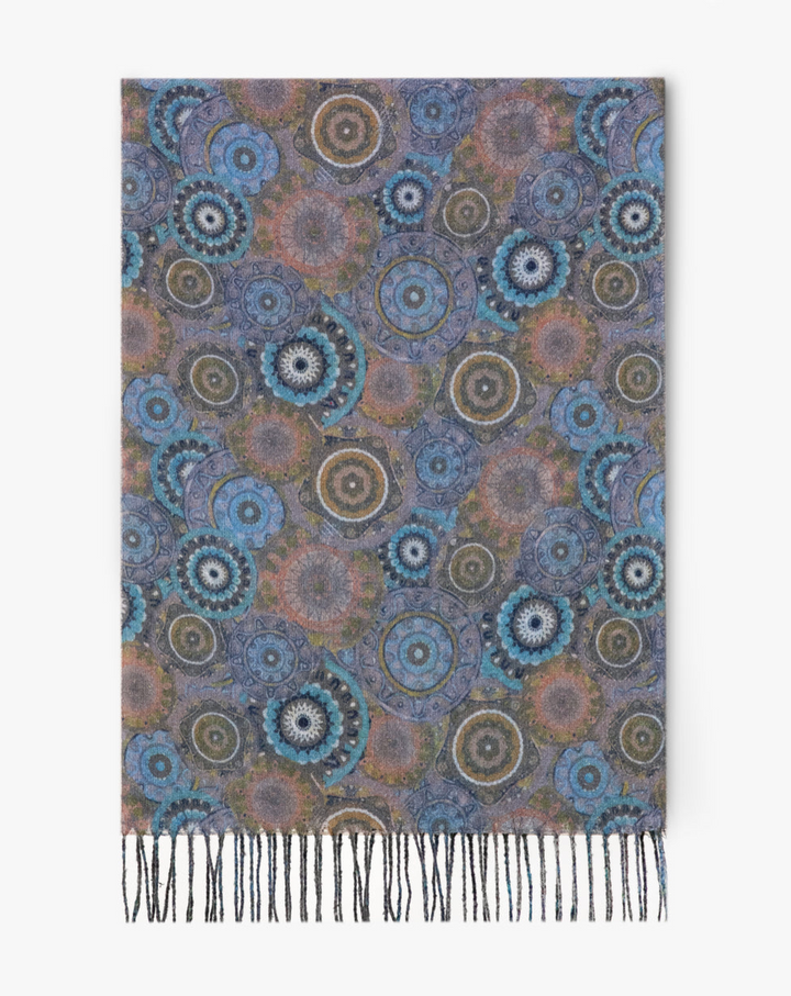 Medallion Bloom Fringe Scarf in olive and teal by Original, front view