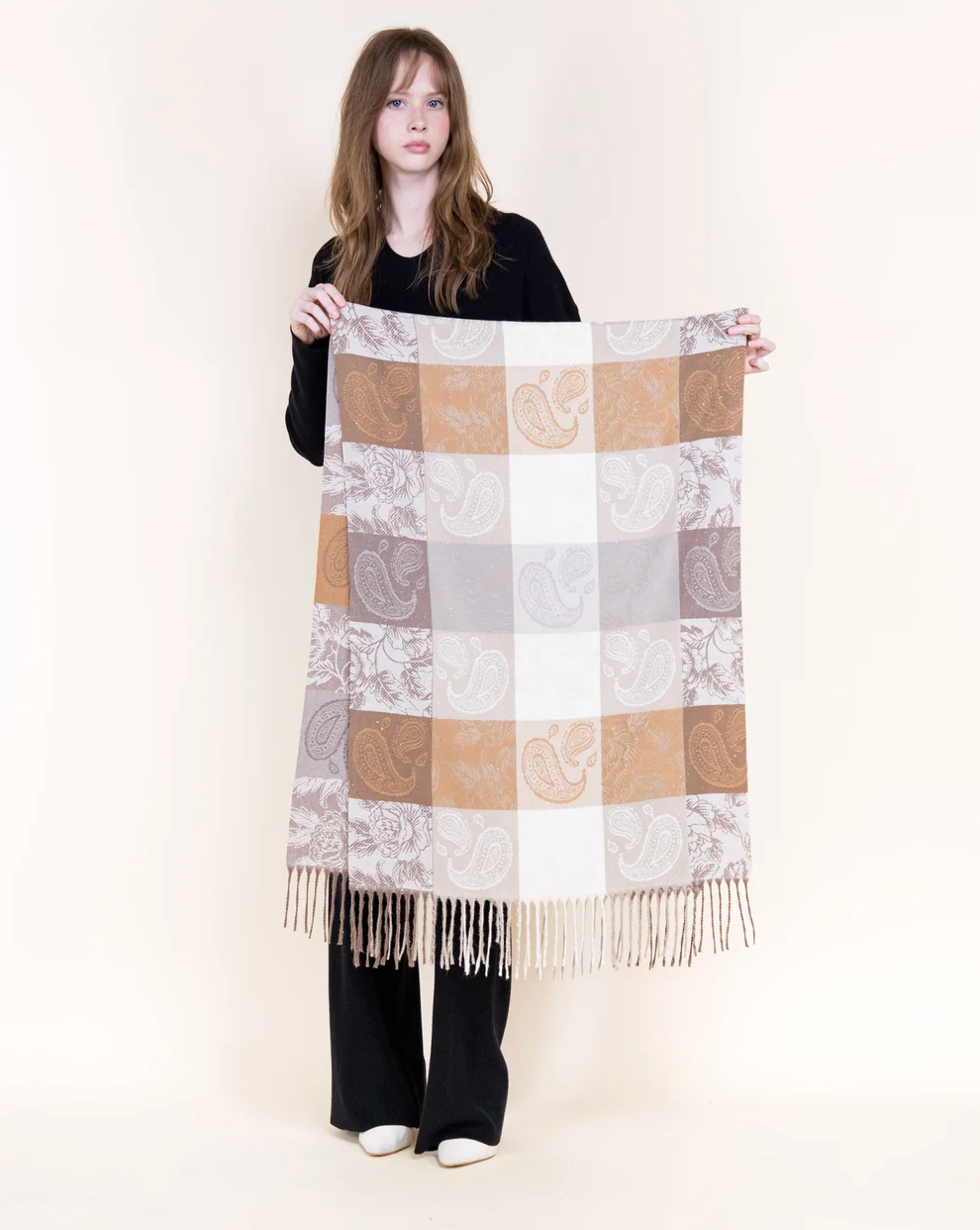 Golden Hour Paisley Fringe Scarf in white by Original, front view