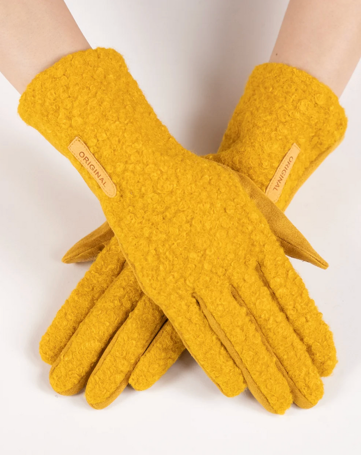 Bouclé &amp; Suede Gloves in mustard by Original, front view