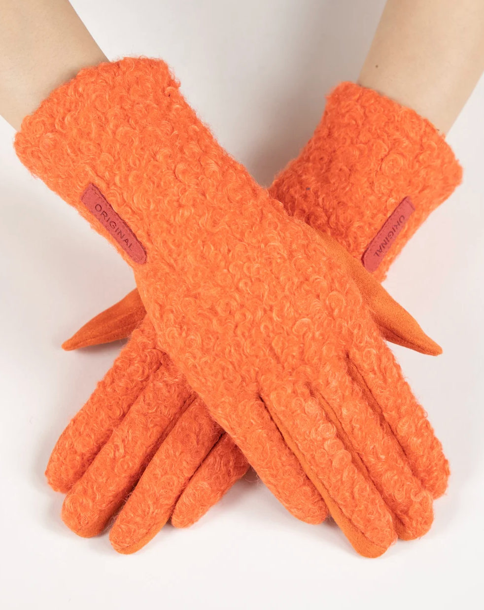Bouclé & Suede Gloves in orange by Original, front view