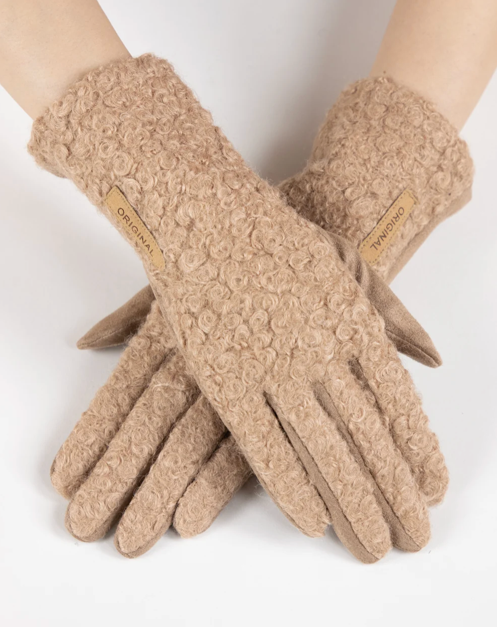 Bouclé &amp; Suede Gloves in camel by Original, front view
