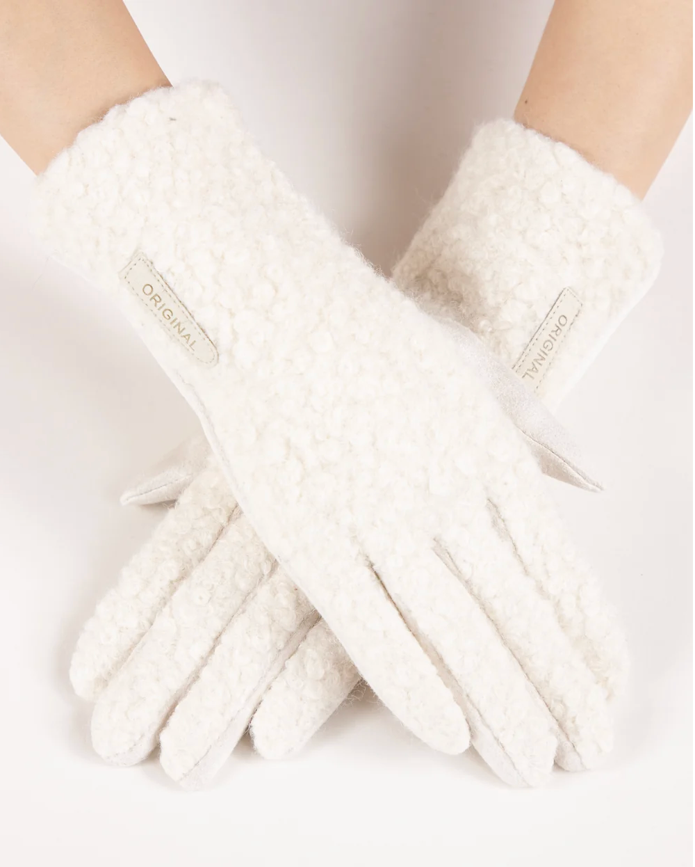 Bouclé &amp; Suede Gloves in white by Original, front view