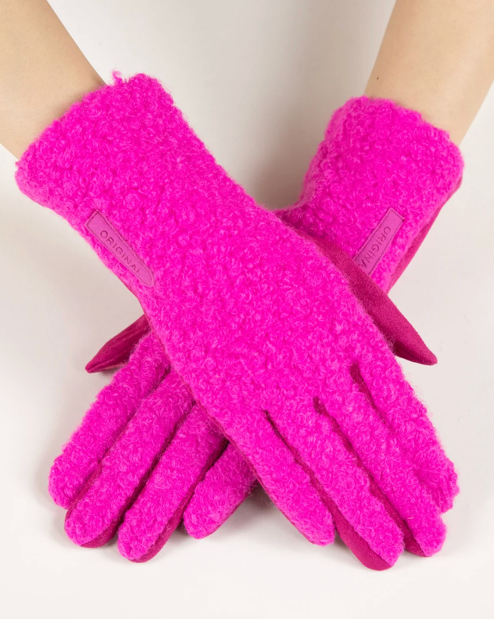 Bouclé & Suede Gloves in fuchsia by Original, front view
