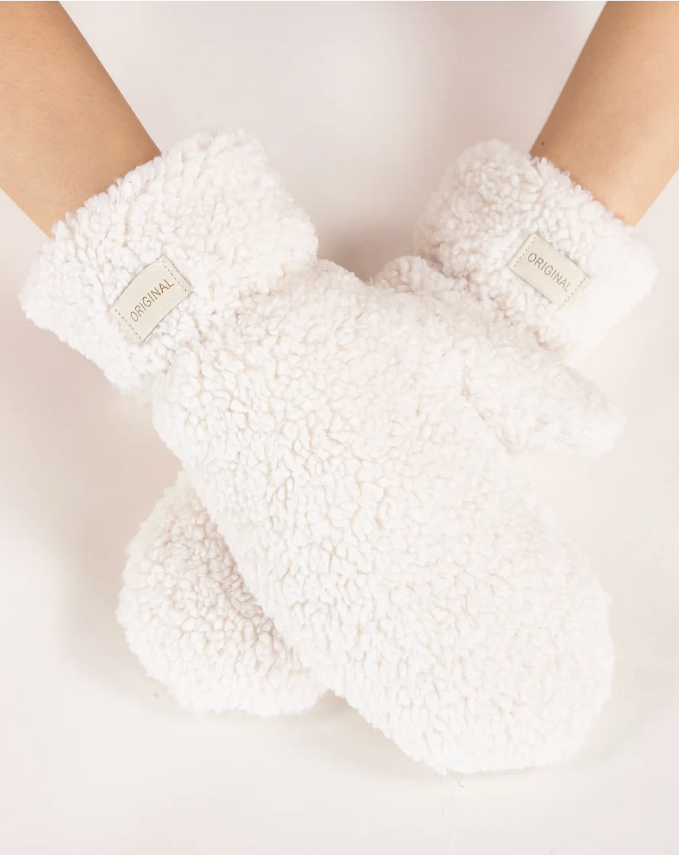 Snow Bunny Sherpa Mittens in beige by Original, front view