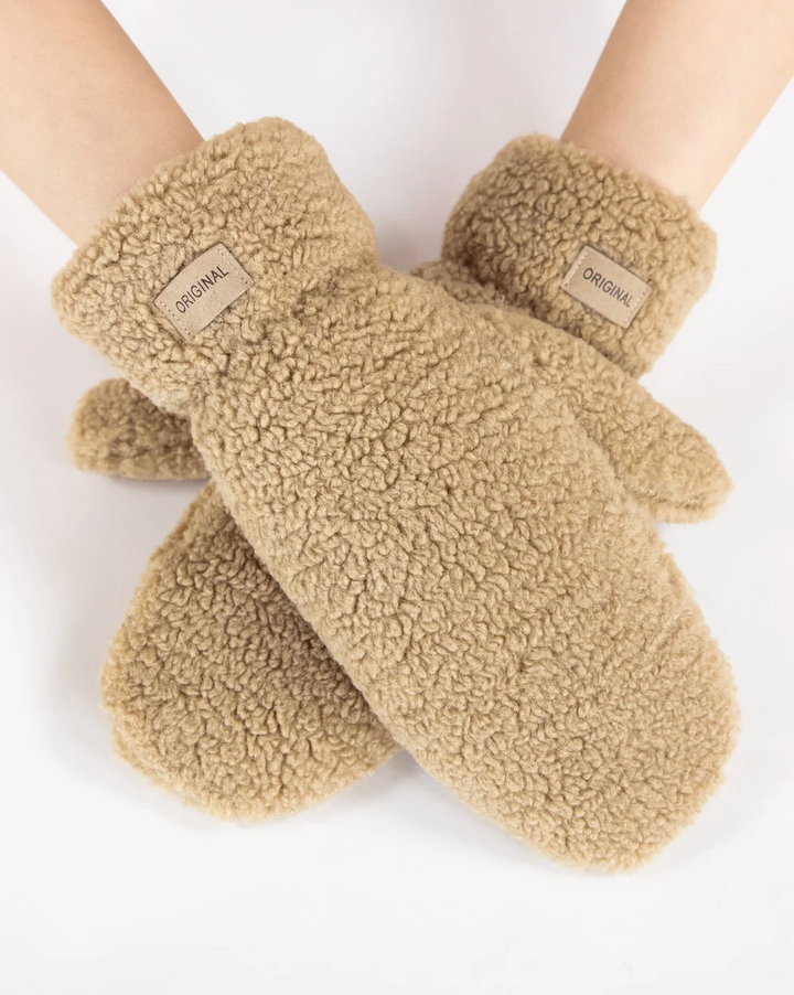 Snow Bunny Sherpa Mittens in camel by Original, front view