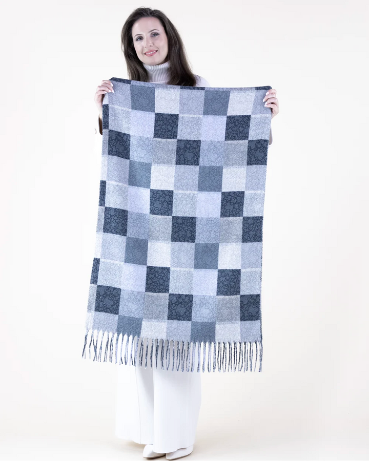 Tonal Squares Fringe Scarf in black and blue by Original, front view